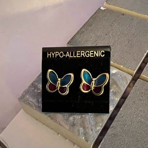 Gold Tone Enamel Butterfly Earrings